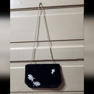 Wild Nights Black Velour Floral Detailed Small Evening Bag NWT